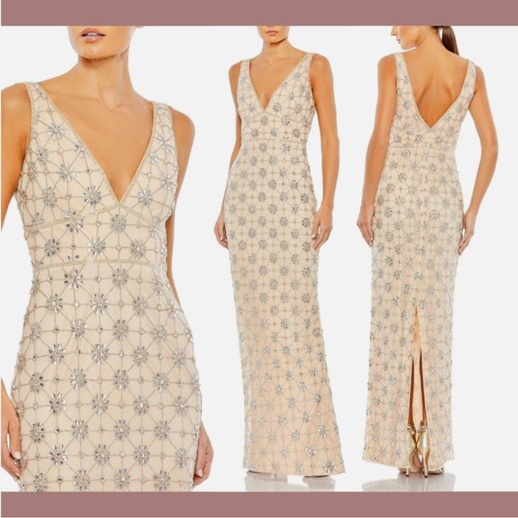 NWT $598 Mac‎ Duggal [ 10 ] Sleeveless Hand Beaded Floral V-Neck Gown Nude Q645 - Picture 1 of 15